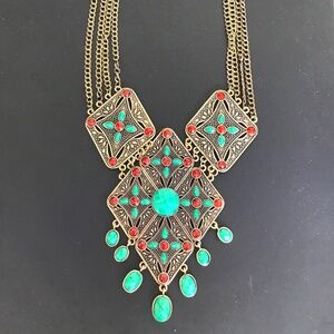 Amrita Singh Simulated turquoise and dark coral colour large statement necklace